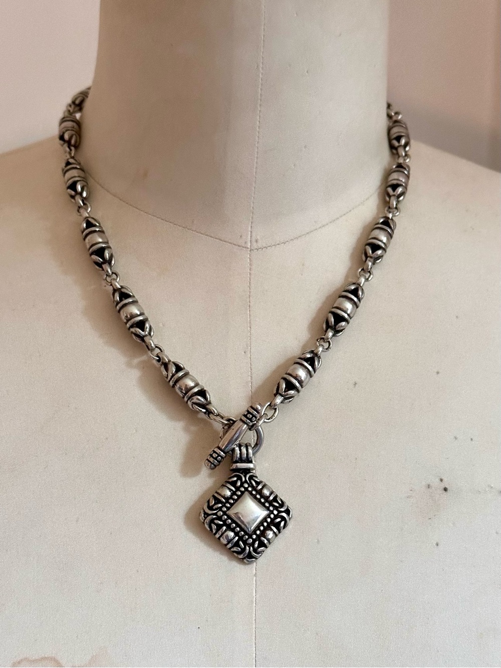 Brighton Toggle Silver Plated Necklace - Heavy, Diamond Shape Filigree Contempo